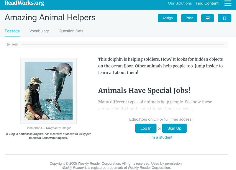 Read Works: Amazing Animal Helpers Activity Read Works: Amazing Animal Helpers Activity