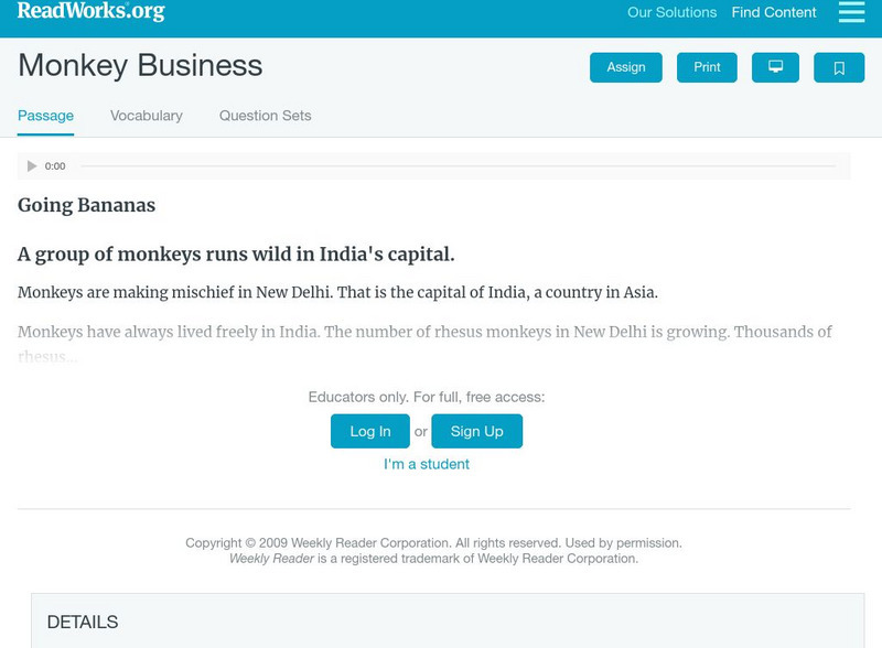 Read Works: Monkey Business Activity Read Works: Monkey Business Activity