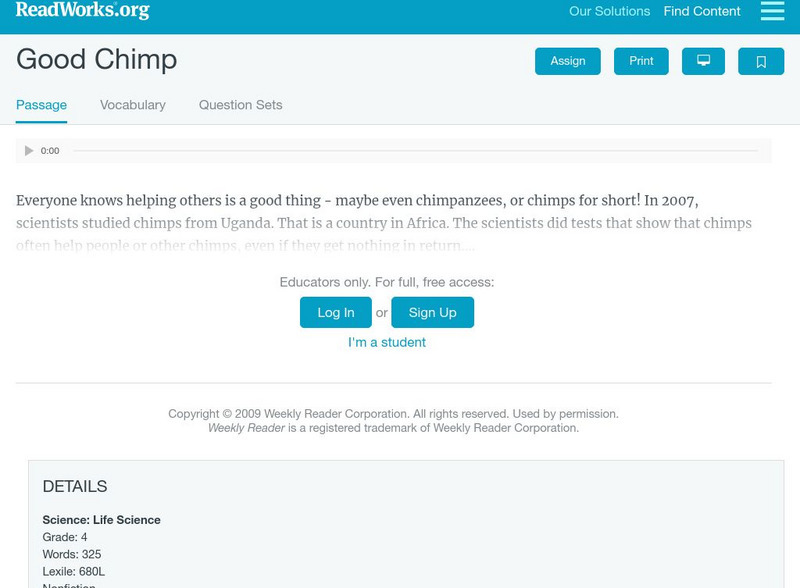 Read Works: Good Chimp Activity Read Works: Good Chimp Activity