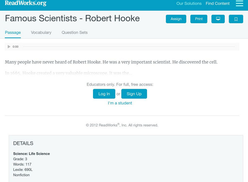 Read Works: Famous Scientists Robert Hooke Activity Read Works: Famous Scientists Robert Hooke Activity