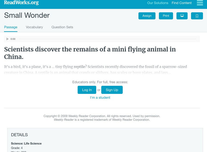 Read Works: Small Wonder Activity