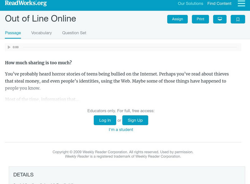 Read Works: Out of Line Online Activity Read Works: Out of Line Online Activity