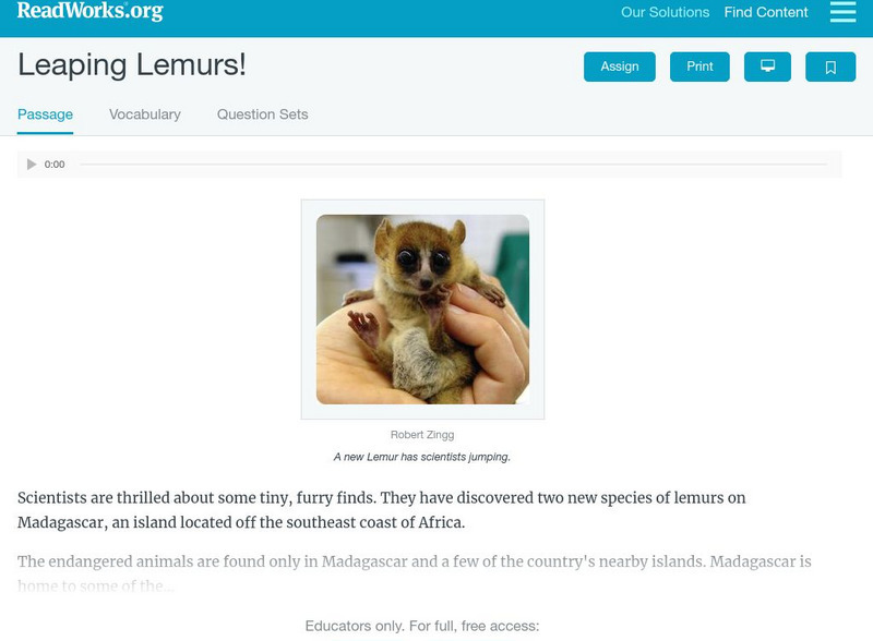 Read Works: Leaping Lemurs! Activity Read Works: Leaping Lemurs! Activity