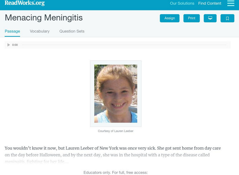 Read Works: Menacing Meningitis Activity Read Works: Menacing Meningitis Activity