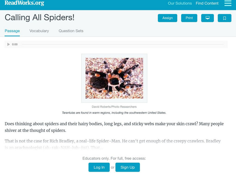 Read Works: Calling All Spiders! Activity