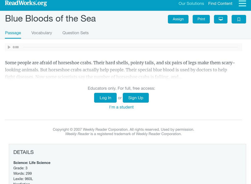 Read Works: Blue Bloods of the Sea Activity Read Works: Blue Bloods of the Sea Activity