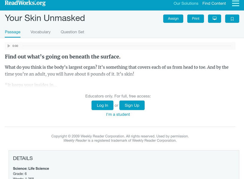 Read Works: Your Skin Unmasked Activity Read Works: Your Skin Unmasked Activity