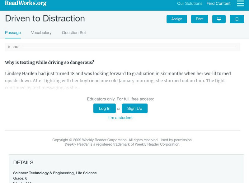 Read Works: Driven to Distraction Activity Read Works: Driven to Distraction Activity