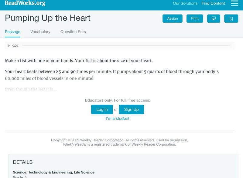 Read Works: Pumping Up the Heart Activity Read Works: Pumping Up the Heart Activity
