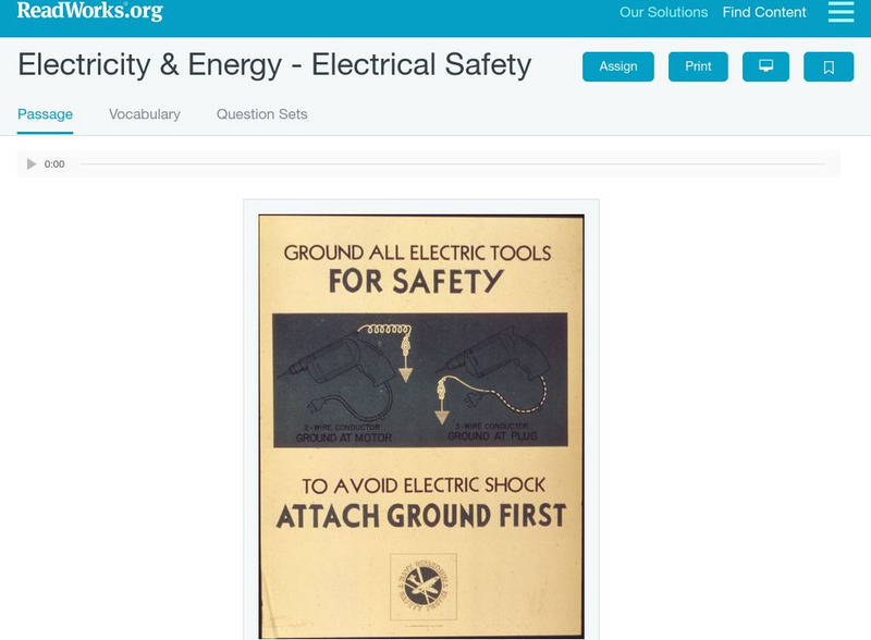 Read Works: Electricity & Energy Electrical Safety Activity Read Works: Electricity & Energy Electrical Safety Activity