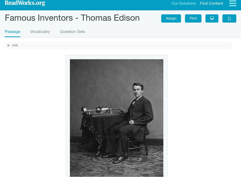 Read Works: Famous Inventors Thomas Edison Activity Read Works: Famous Inventors Thomas Edison Activity