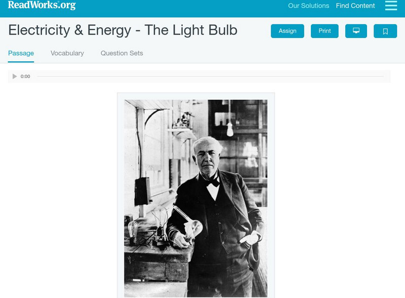 Read Works: Electricity & Energy the Light Bulb Activity Read Works: Electricity & Energy the Light Bulb Activity