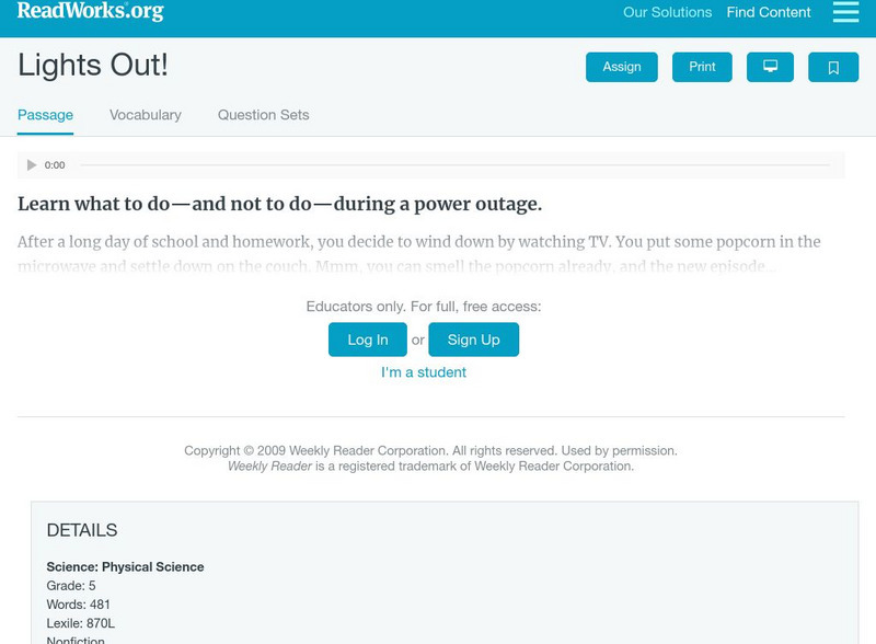 Read Works: Lights Out Activity Read Works: Lights Out Activity