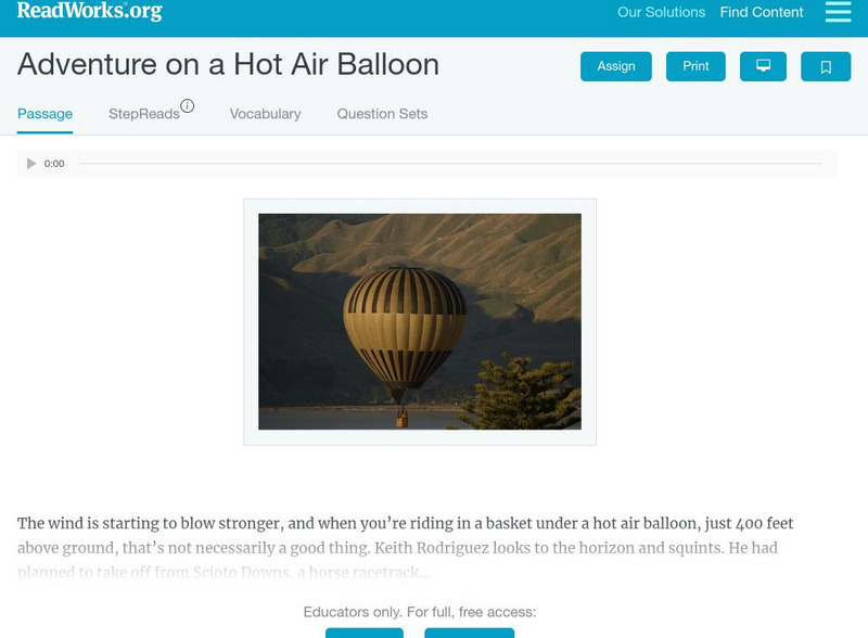 Read Works: Adventure on a Hot Air Balloon Activity Read Works: Adventure on a Hot Air Balloon Activity