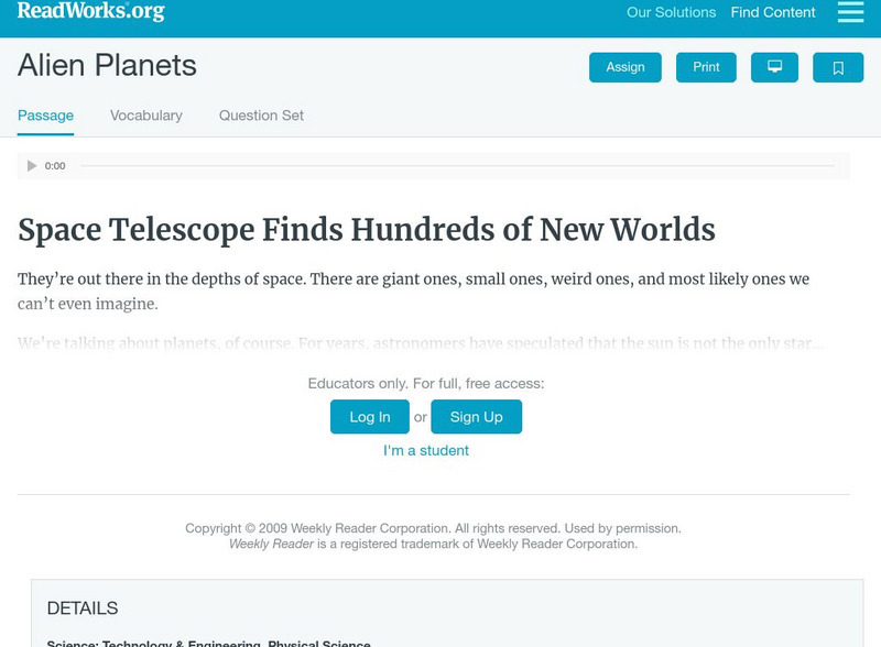 Read Works: Alien Planets Activity Read Works: Alien Planets Activity