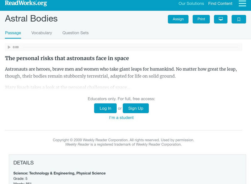 Read Works: Astral Bodies Activity Read Works: Astral Bodies Activity