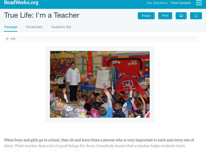 Read Works: True Life I'm a Teacher Activity Read Works: True Life I'm a Teacher Activity