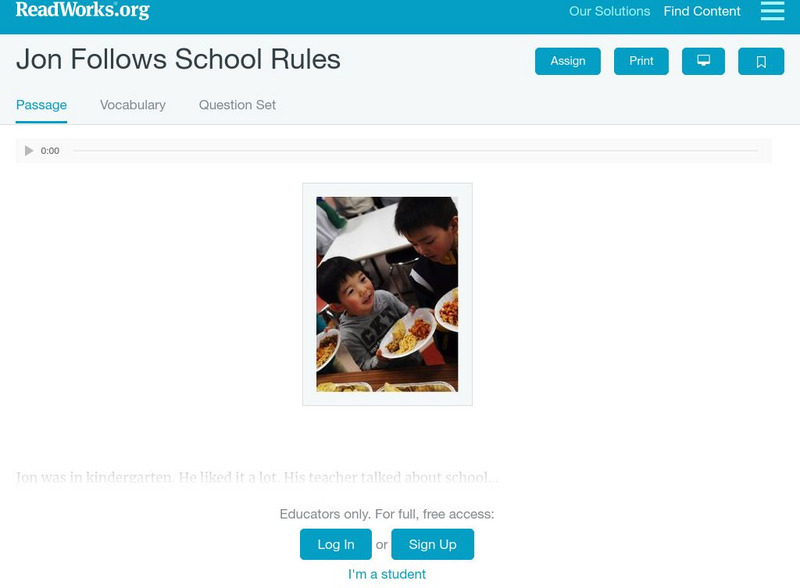 Read Works: Jon Follows School Rules Activity Read Works: Jon Follows School Rules Activity
