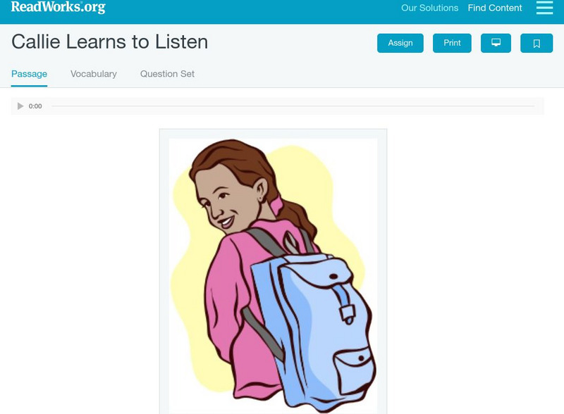 Read Works: Callie Learns to Listen Activity Read Works: Callie Learns to Listen Activity