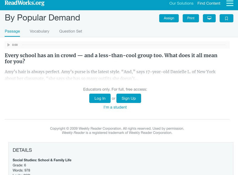 Read Works: By Popular Demand Activity Read Works: By Popular Demand Activity