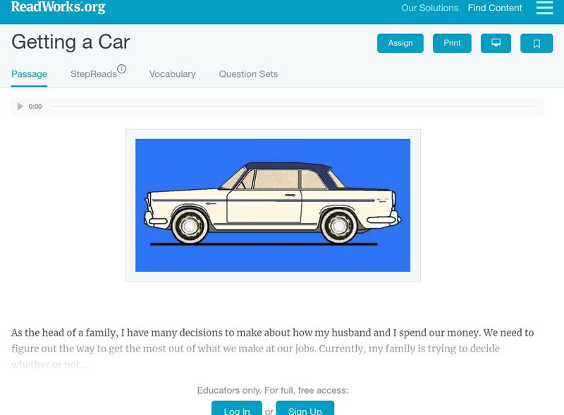 Read Works: Getting a Car Activity Read Works: Getting a Car Activity
