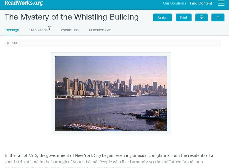 Read Works: The Mystery of the Whistling Building Activity