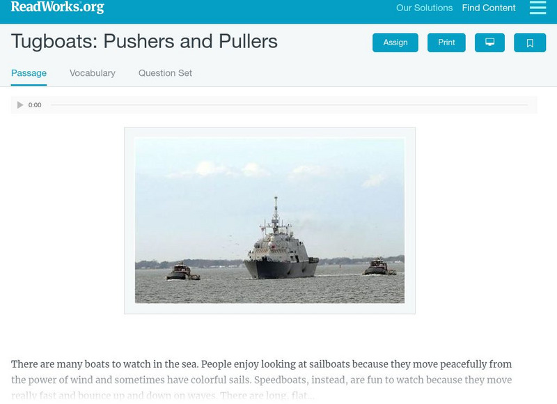 Read Works: Tugboats: Pushers and Pullers Activity