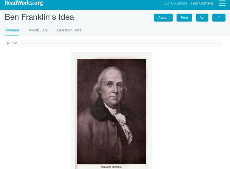 Read Works: Ben Franklin's Idea Activity Read Works: Ben Franklin's Idea Activity