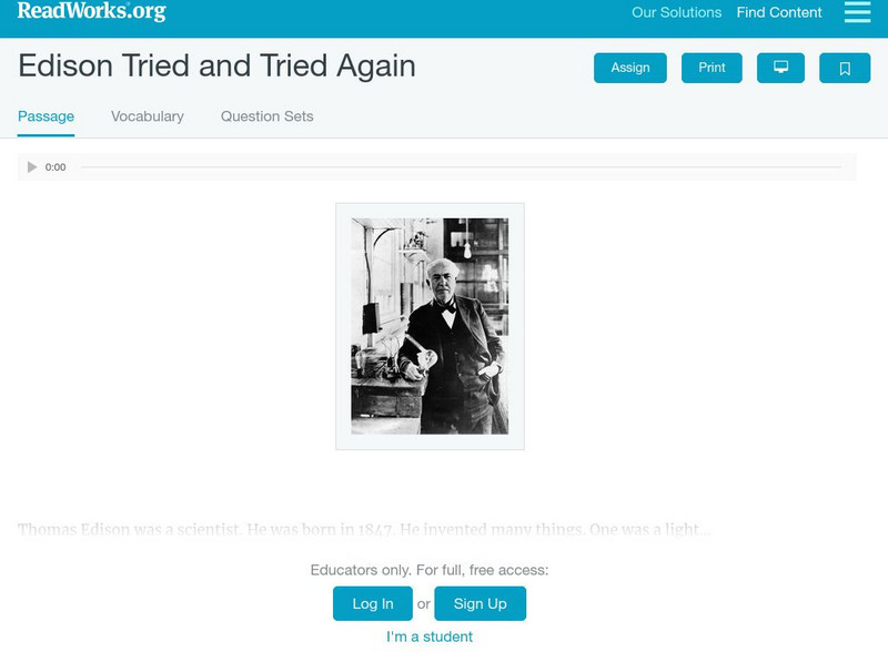 Read Works: Edison Tried and Tried Again Activity Read Works: Edison Tried and Tried Again Activity