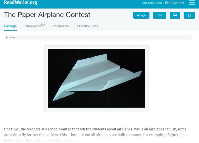 Read Works: The Paper Airplane Contest Activity Read Works: The Paper Airplane Contest Activity