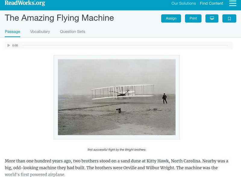 Read Works: The Amazing Flying Machine Activity