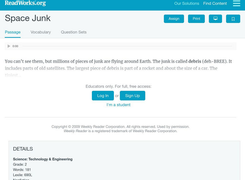 Read Works: Space Junk Activity Read Works: Space Junk Activity