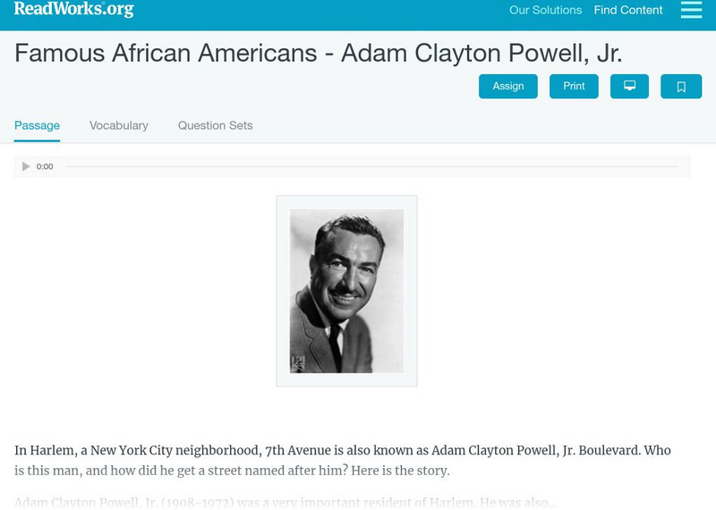 Read Works: Famous African Americans Adam Clayton Powell, Jr. Activity Read Works: Famous African Americans Adam Clayton Powell, Jr. Activity
