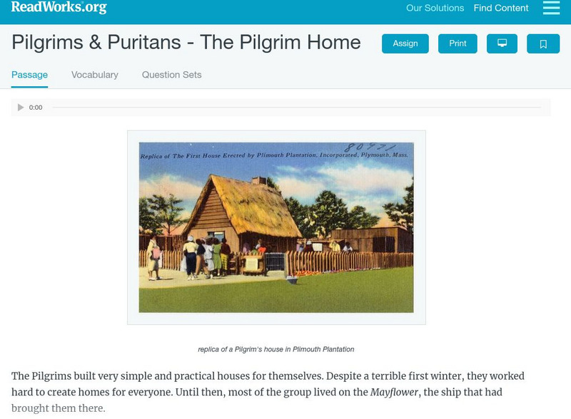 Read Works: Pilgrims & Puritans the Pilgrim Home Activity Read Works: Pilgrims & Puritans the Pilgrim Home Activity