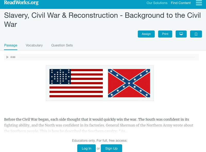 Read Works: Slavery, Civil War & Reconstruction Background to the Civil War Activity Read Works: Slavery, Civil War & Reconstruction Background to the Civil War Activity