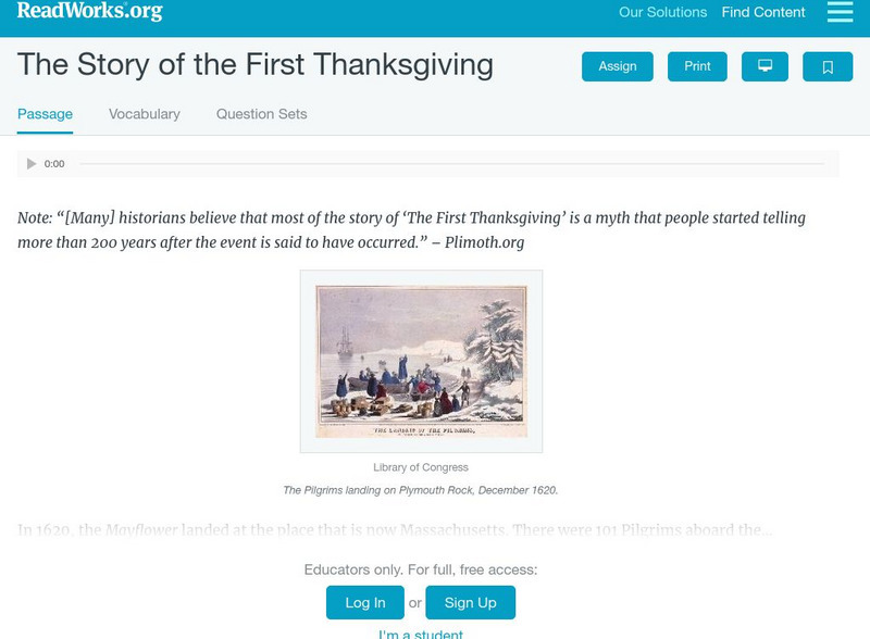 Read Works: The Story of the First Thanksgiving Activity Read Works: The Story of the First Thanksgiving Activity