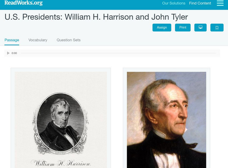 Read Works: u.s. Presidents William H. Harrison & John Tyler Activity Read Works: u.s. Presidents William H. Harrison & John Tyler Activity