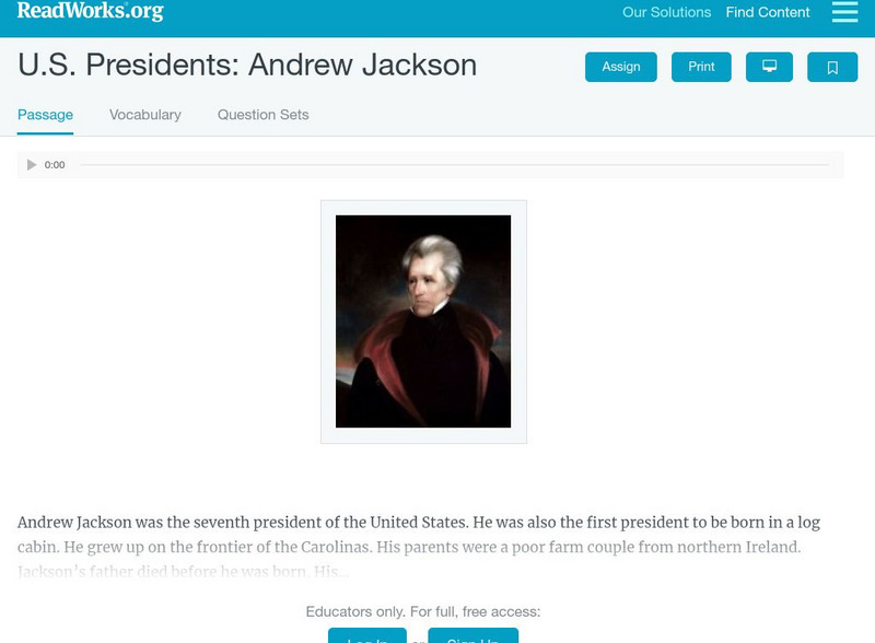 Read Works: u.s. Presidents Andrew Jackson Activity Read Works: u.s. Presidents Andrew Jackson Activity