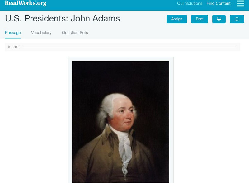 Read Works: u.s. Presidents John Adams Activity Read Works: u.s. Presidents John Adams Activity