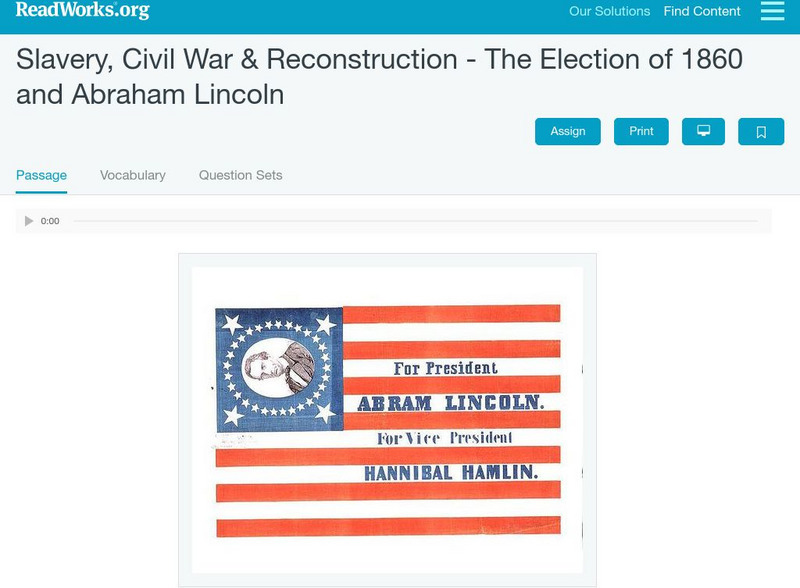 Read Works: Slavery, Civil War & Reconstruction Election of 1860 and Lincoln Activity Read Works: Slavery, Civil War & Reconstruction Election of 1860 and Lincoln Activity