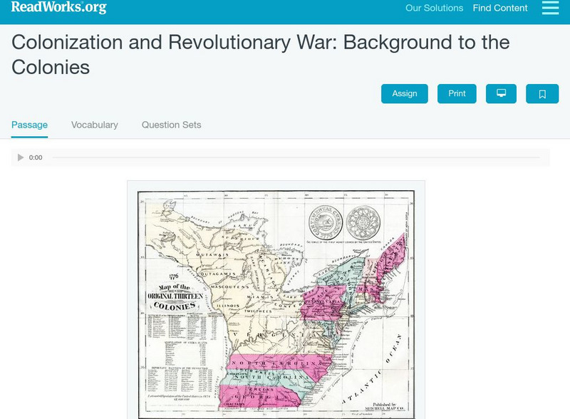 Read Works: Colonization & Revolutionary War: Background to the Colonies Activity Read Works: Colonization & Revolutionary War: Background to the Colonies Activity
