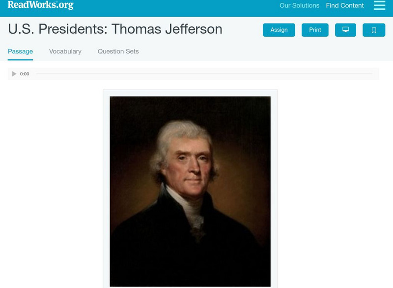 Read Works: u.s. Presidents Thomas Jefferson Activity Read Works: u.s. Presidents Thomas Jefferson Activity