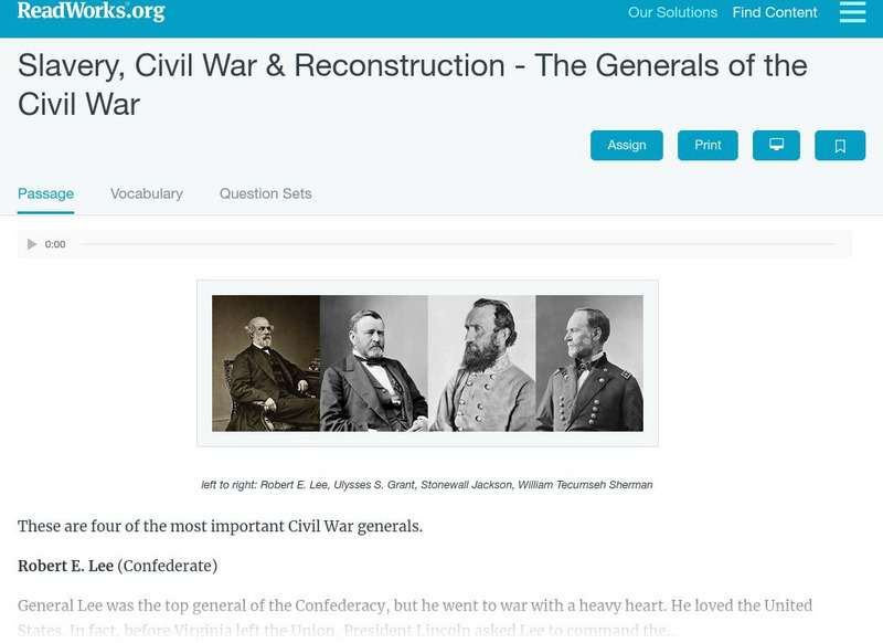 Read Works: Slavery, Civil War & Reconstruction the Generals of the Civil War Activity Read Works: Slavery, Civil War & Reconstruction the Generals of the Civil War Activity