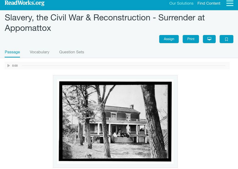 Read Works: Slavery, the Civil War & Reconstruction Surrender at Appomattox Activity Read Works: Slavery, the Civil War & Reconstruction Surrender at Appomattox Activity