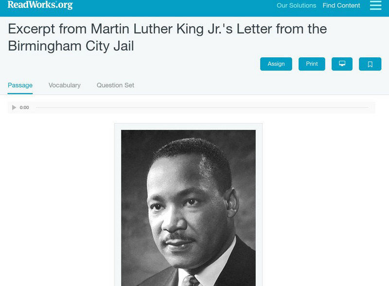 Read Works: Excerpt From Martin Luther King Jr.'s Letter From Birmingham Jail Unit Plan Read Works: Excerpt From Martin Luther King Jr.'s Letter From Birmingham Jail Unit Plan