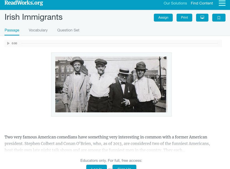 Read Works: Irish Immigrants Activity Read Works: Irish Immigrants Activity