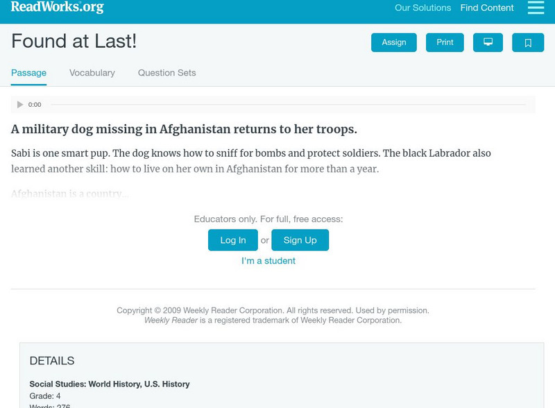 Read Works: Found at Last Activity Read Works: Found at Last Activity