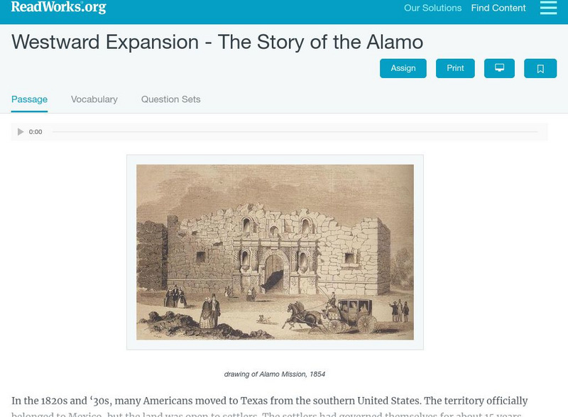 Read Works: Westward Expansion the Story of the Alamo Activity Read Works: Westward Expansion the Story of the Alamo Activity