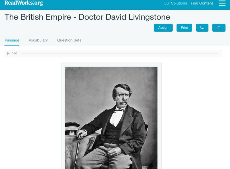 Read Works: The British Empire Doctor David Livingstone Activity Read Works: The British Empire Doctor David Livingstone Activity