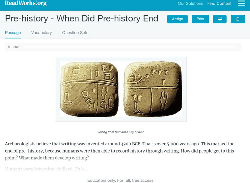 Read Works: Pre History When Did Pre History End Activity Read Works: Pre History When Did Pre History End Activity